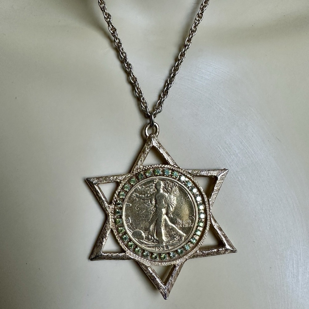 VTG Pendant Necklace 24 Inch Star of Davis Replica 1934 Walking Half Gold Plated